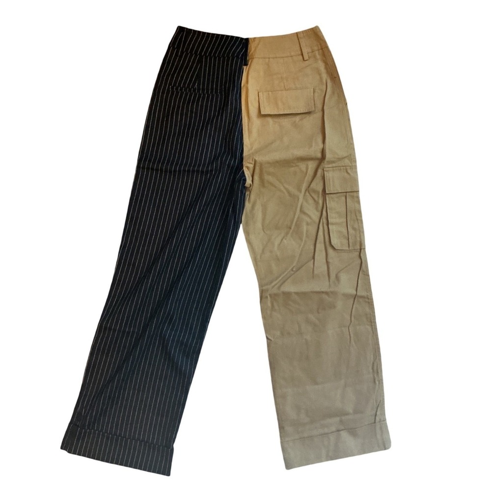 Choosy Two Tone Split Leg Cargo Pinstripe Trousers Tan Black Size 2 Streetwear - Picture 10 of 11